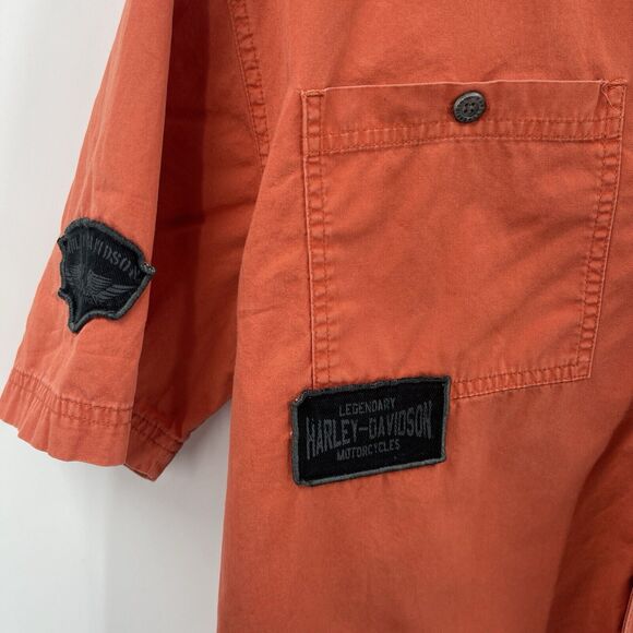 Harley Davidson Men M Orange Motorcycle Button Down Short Sleeve Shirt Medium - Picture 2 of 10